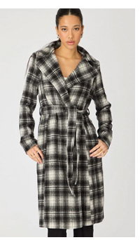 Brown Check Belted Coat Knee Length Long Sleeve