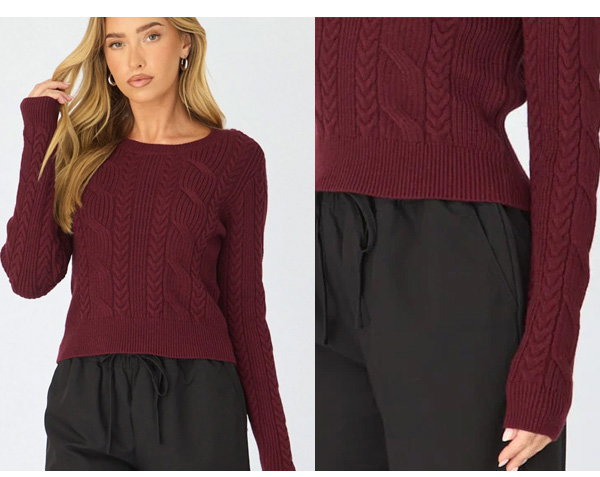 Red Cable Knit Top Long Sleeve Crew Neck