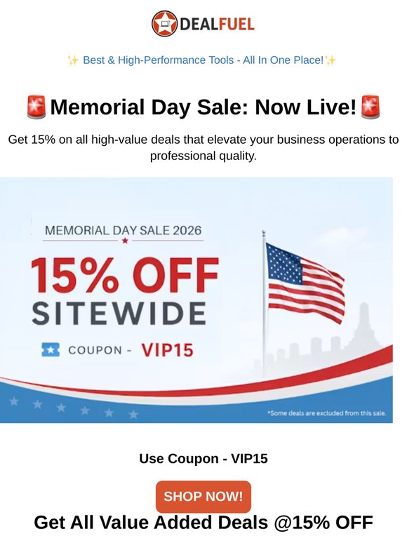 15% OFF Sitewide - Memorial Day Mega Sale!