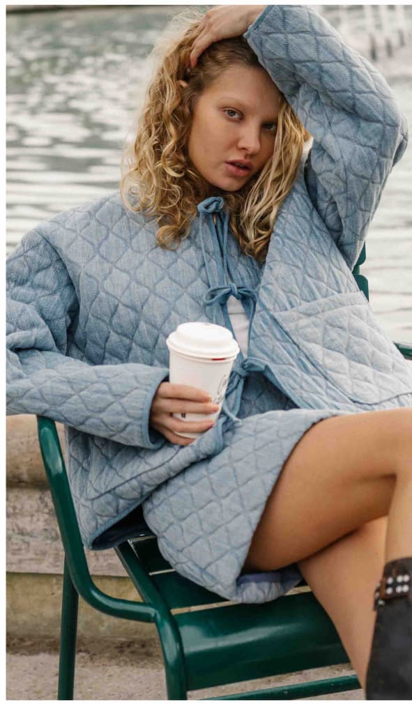 Quilted Denim Jacket with Tie Front