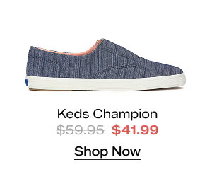 A side view of the Keds Champion Round Toe Stripe Chambray Slip-On. The style was $59.95 and is now $41.99 for a limited time. Shop Now.