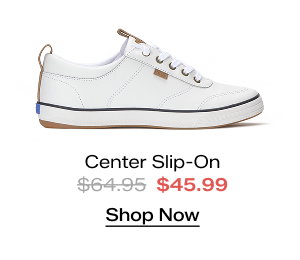 A side view of the Center III Leather Slip-On in white/navy. The style was $64.95 and is now $45.99 for a limited time. Shop Now.