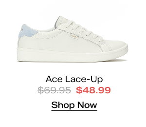A side view of the Ace II Leather Lace-Up in white/light blue. The style was $69.95 and is now $48.99 for a limited time. Shop Now.