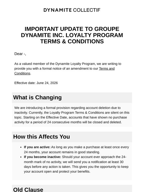 Important Update to Groupe Dynamite Inc. Loyalty Program Terms & Conditions
