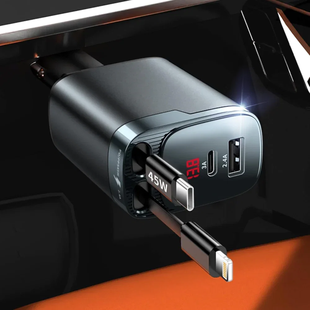 4 In 1 Retractable Car Charger - Fast Charging USB C Car Adapter for Phones