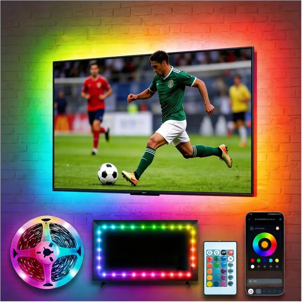 16.4ft LED TV Backlight Strip – RGB Lights for 45–75 Inch TVs – Music Sync Use with Bluetooth App & Remote Control – USB Powered for Bedroom & Gaming
