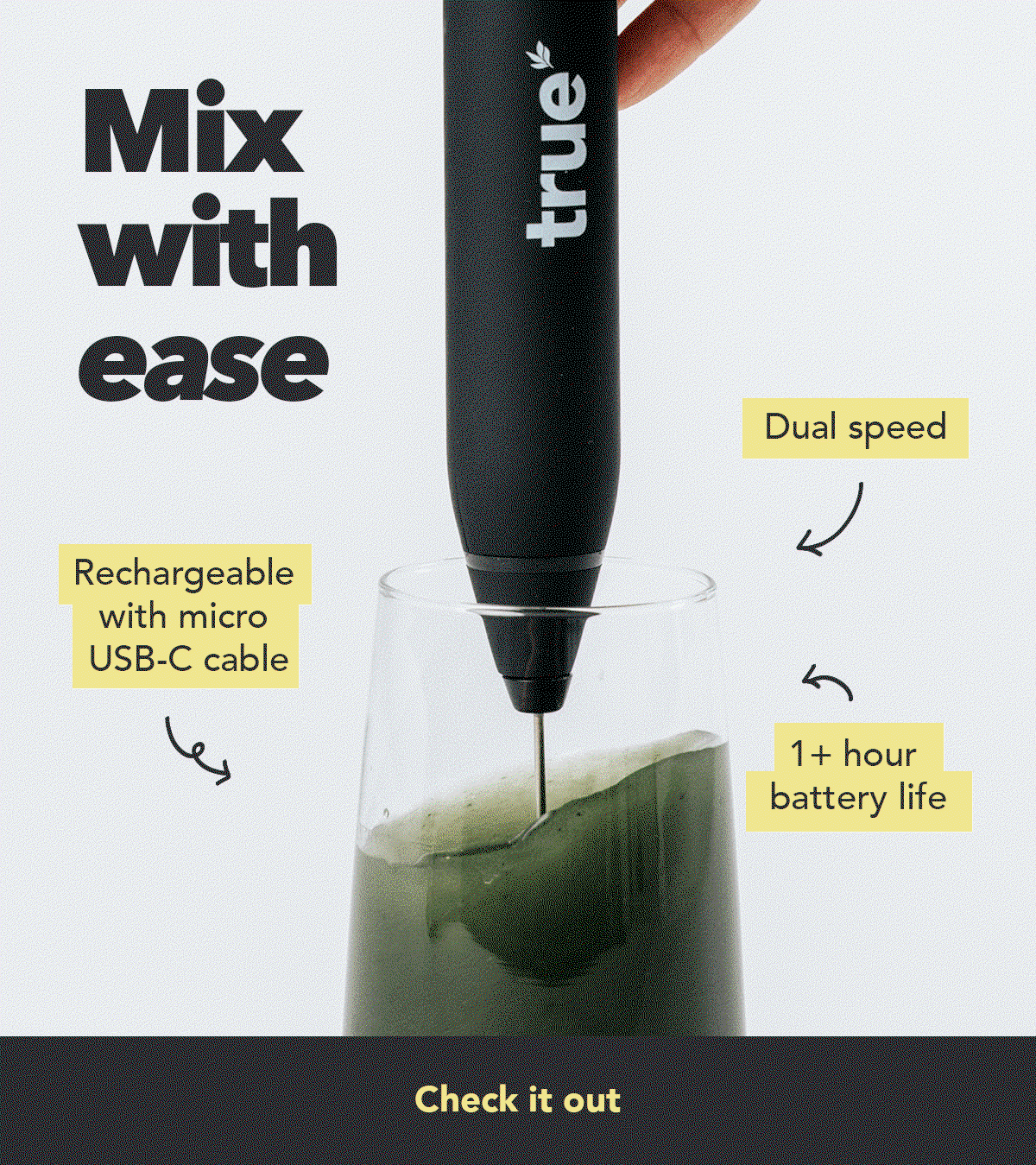 Mix with ease → Dual speed → 1+ hour battery life → Rechargeable with micro USB-C cable [CHECK IT OUT]
