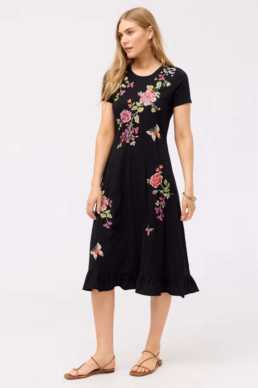 ELBOW SLEEVE RUFFLE DRESS