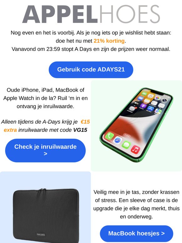 LAATSTE DAG: A Days stopt vandaag 23:59 ⚡ 21% op alles + €15 inruilbonus