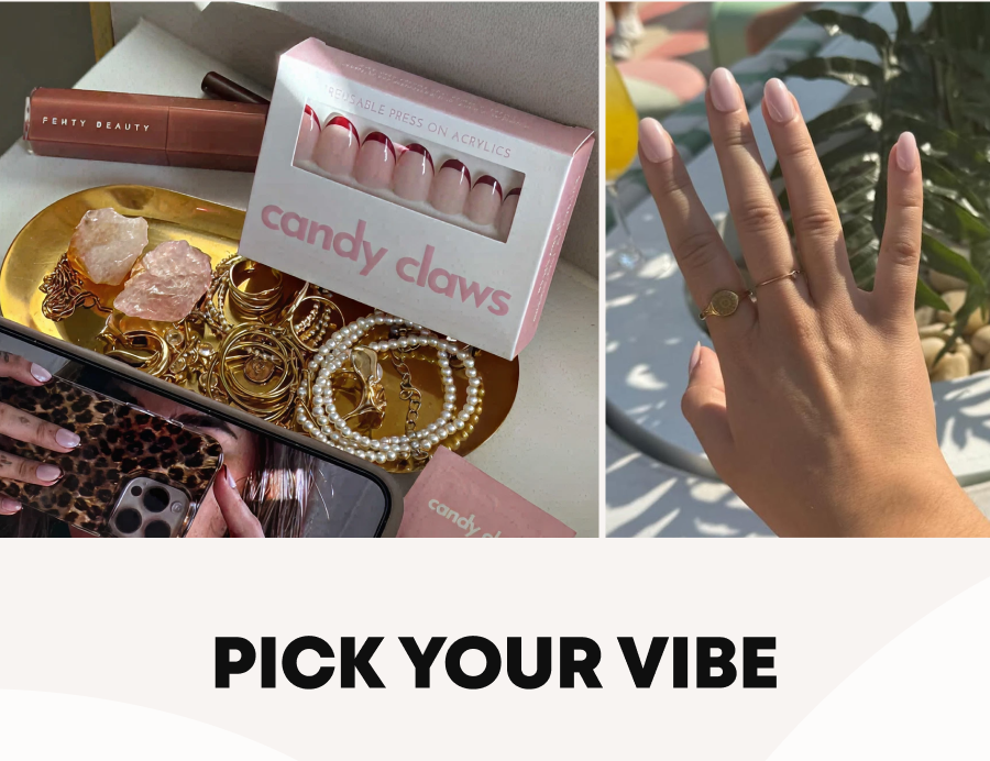 Pink packaging box and golden jewelry accessories next to hand with neutral nude press-on nails