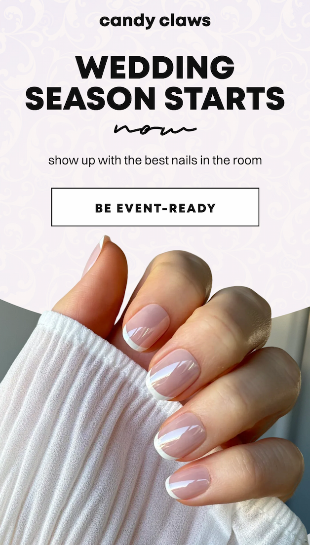 Pink background with text 'Wedding Season Starts' and hand showing French manicure press-on nails