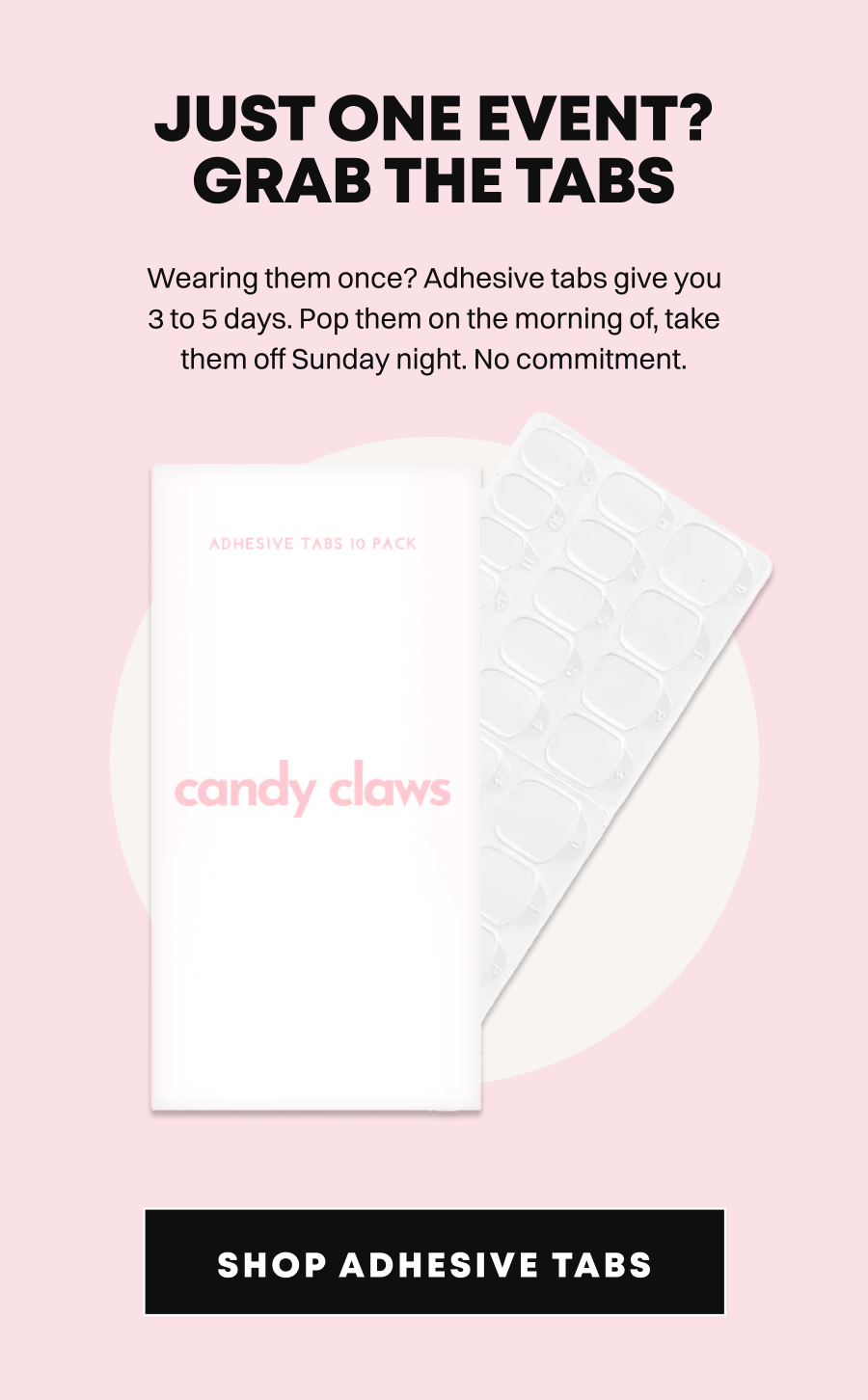Pink background showing adhesive nail tabs packaging with text about temporary wear options