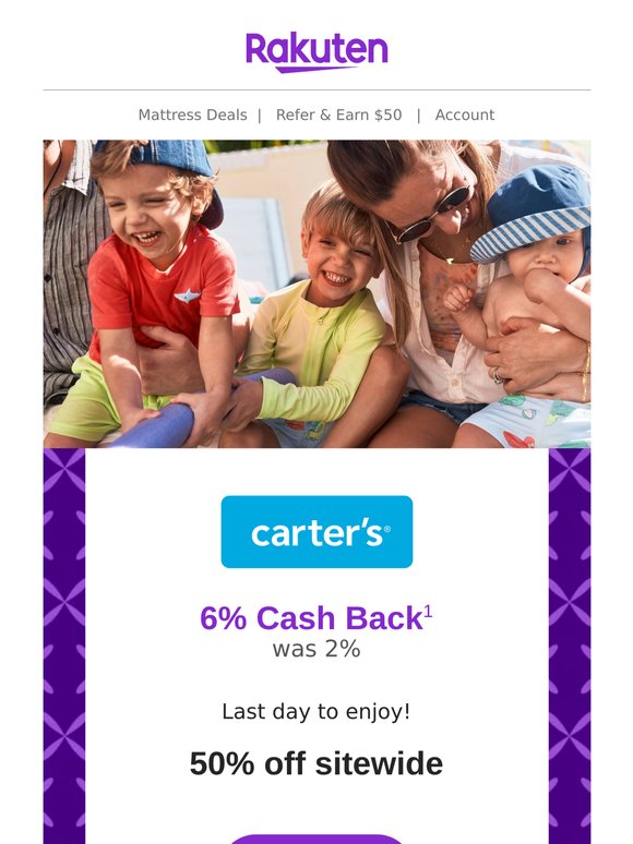 Carter’s: 6% Cash Back + Get 50% off sitewide