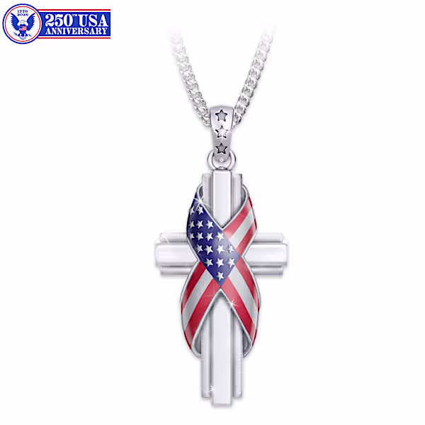 Genuine Diamond & Hand-Enameled U.S. Flag Cross Necklace
