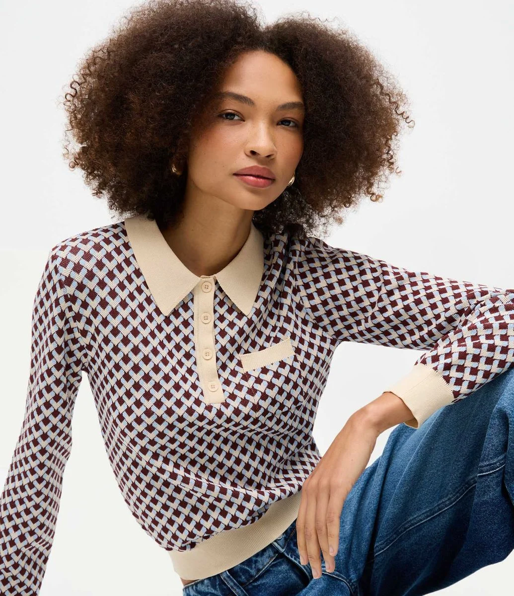 Blusa em Tricô com Gola Polo e Estampa Geométrica Argyle