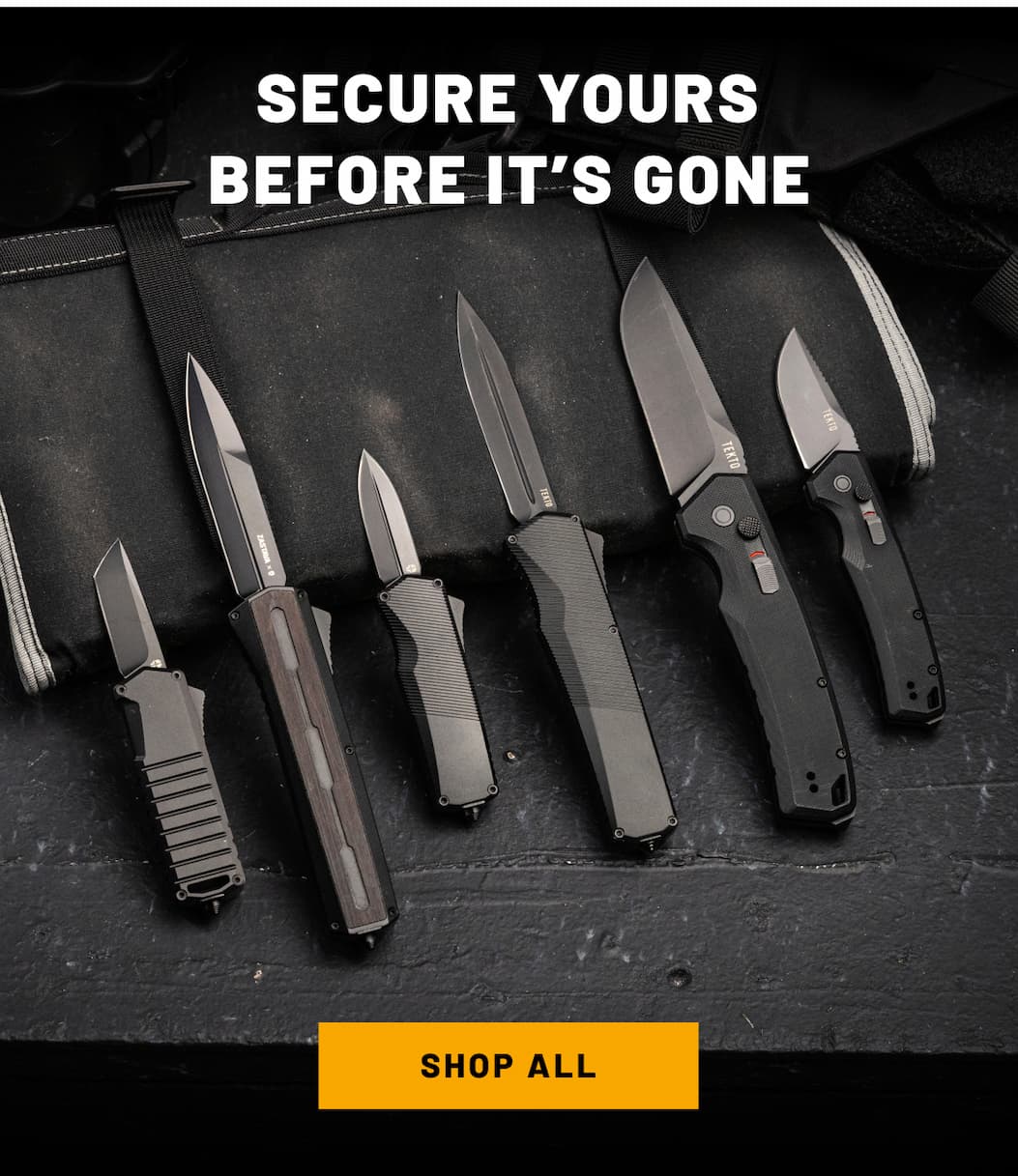 Tekto Knives Lineup with text: Secure yours before it's gone. CTA 'Shop all' bellow.