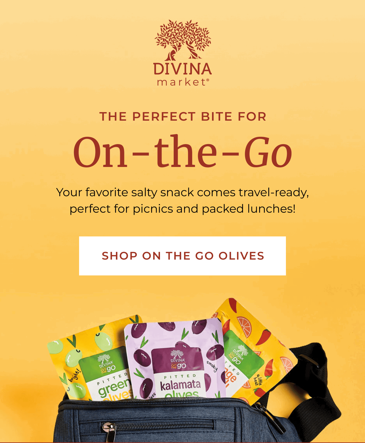 Divina Market | The Perfect Bite For On-the-Go | Your favorite salty snack comes travel-ready, perfect for picnics and packed lunches! | [ SHOP ON THE GO OLIVES ]
