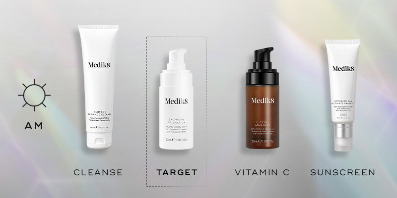 A morning skincare routine featuring Surface Radiance Cleanse, Exo-PDRN Prismatic+ serum, C-Tetra Advanced serum, and Advanced Day Ultimate Protect.