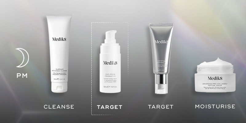  An evening skincare routine featuring Surface Radiance Cleanse, Exo-PDRN Prismatic+ serum, Crystal Retinal serum and Advanced Pro-Collagen+ Peptide Cream.