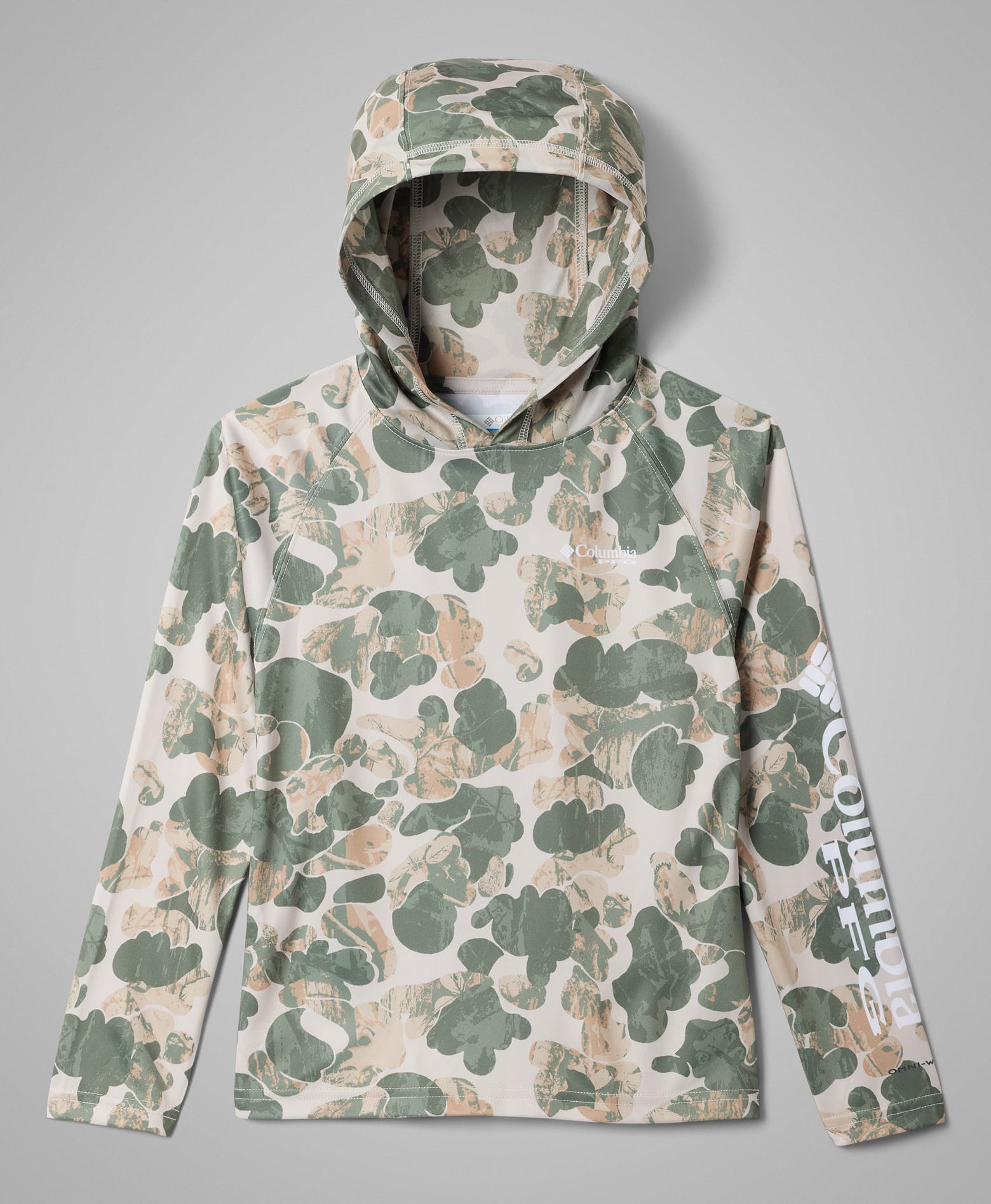 Flatlay of a boys' camo sun hoodie against a grey background.