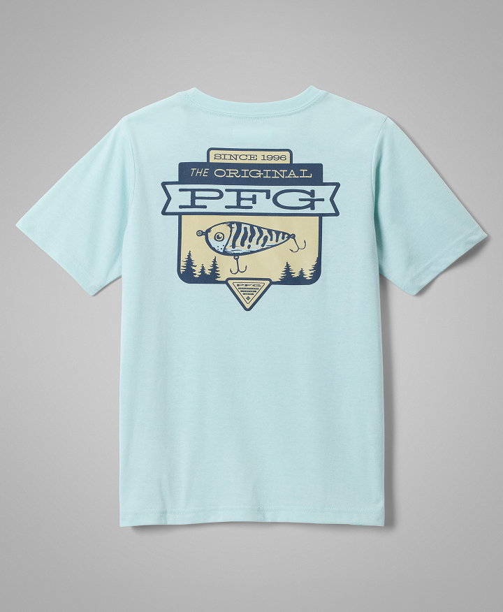 A boys' blue short sleeve shirt with a fun PFG graphic on it.