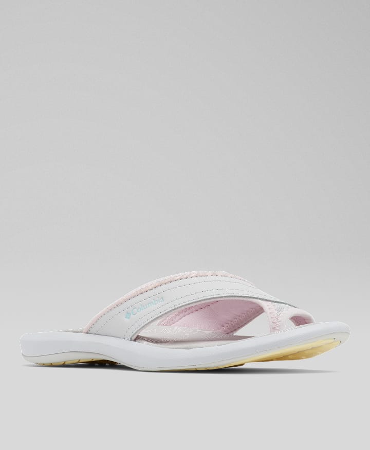 A white leather flip flop against a grey background.