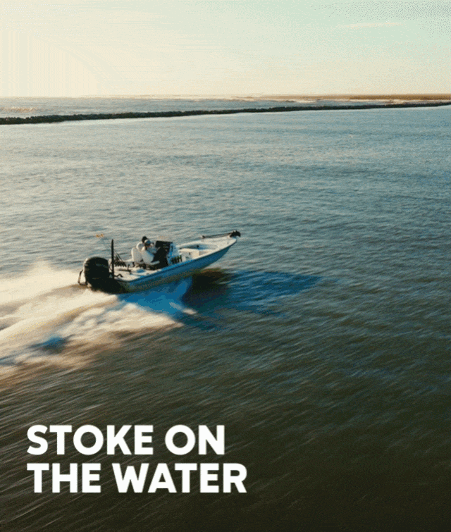 Gif of anglers on the water, on a boat, casting, etc. with text: STOKE ON THE WATER