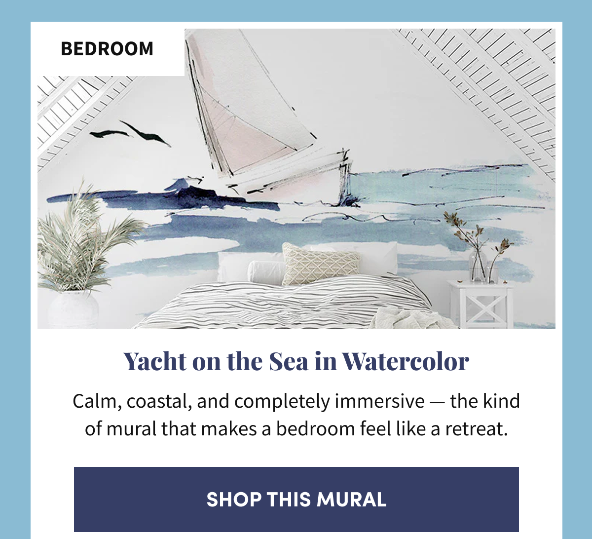 Bedroom. Yacht on the Sea in Watercolor. Shop This Mural.
