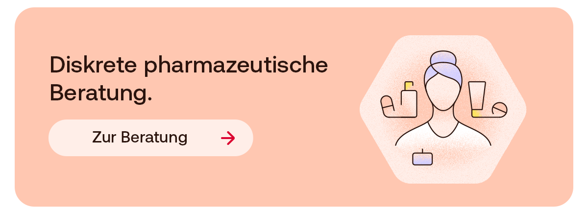 Grafik mit Illustration einer pharmazeutischen Beratungsperson und dem Text „Diskrete pharmazeutische Beratung“, ergänzt durch einen Button „Zur Beratung“.