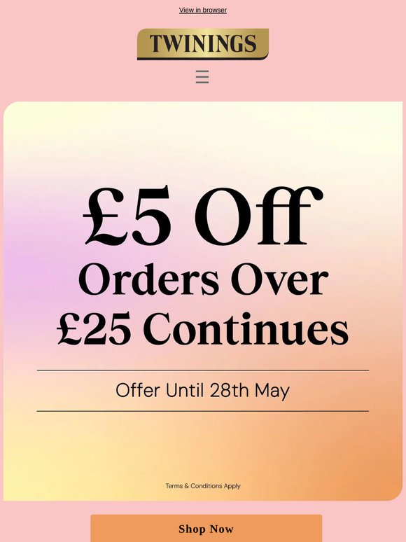 Save this bank holiday with £5 off orders over £25