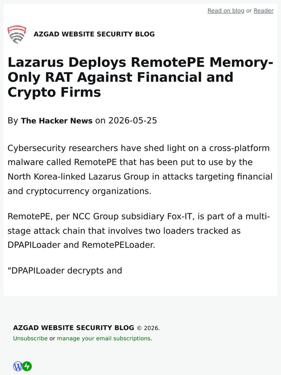 Lazarus Deploys RemotePE Memory-Only RAT Against Financial and Crypto Firms