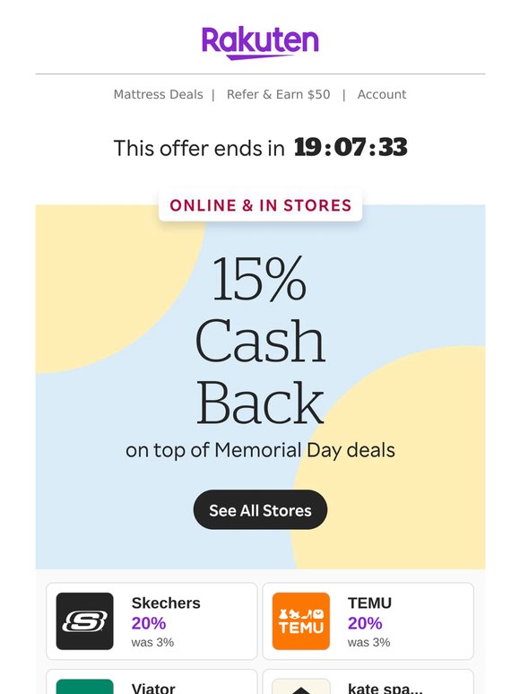 Limited-time offer! Get 15% Cash Back for Memorial Day