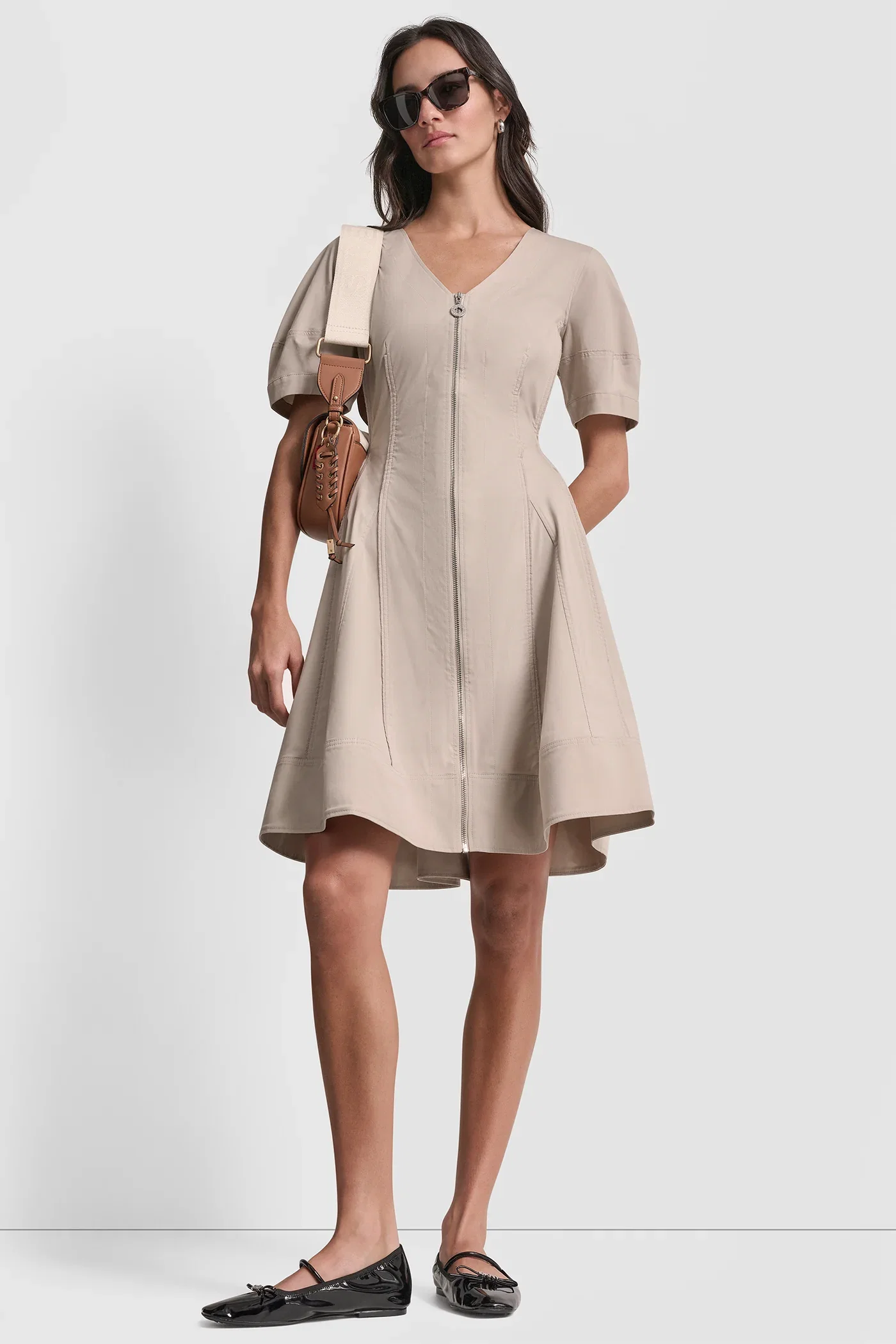 Image of V-NECK PLEATED FIT & FLARE DRESS