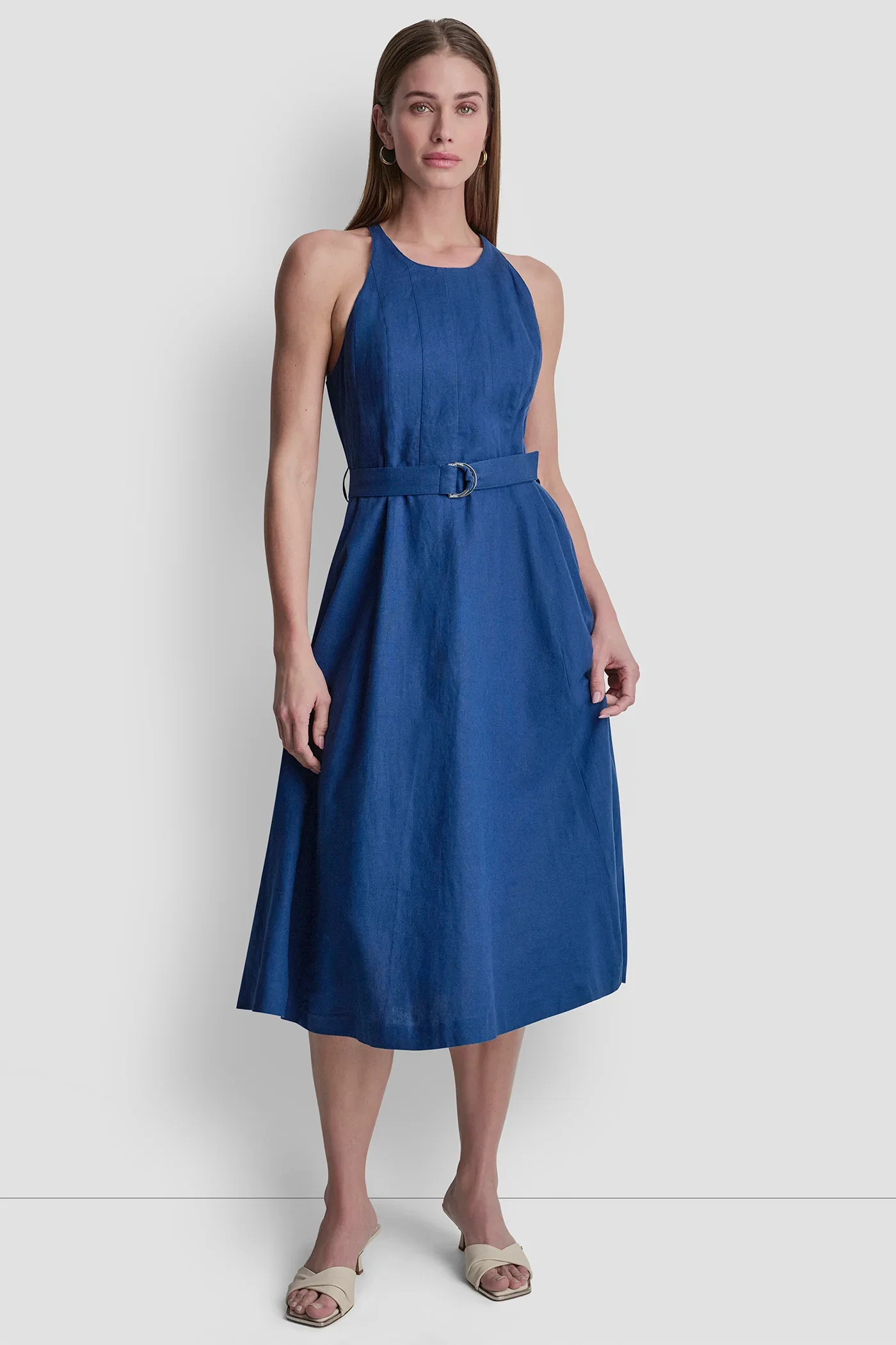 Image of LINEN-BLEND BELTED MIDI DRESS