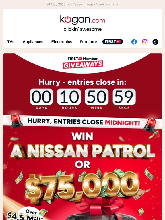— - Entries Close TONIGHT! Don't miss your last chance to WIN a Nissan Patrol or $75K CASH!🚨