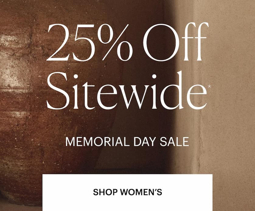 Memorial Day Sale: 25% OFF SITEWIDE - Shop Women's. With a large brown vase in front of a beige stone wall.