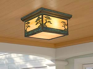 A Craftsman style outdoor ceiling light.