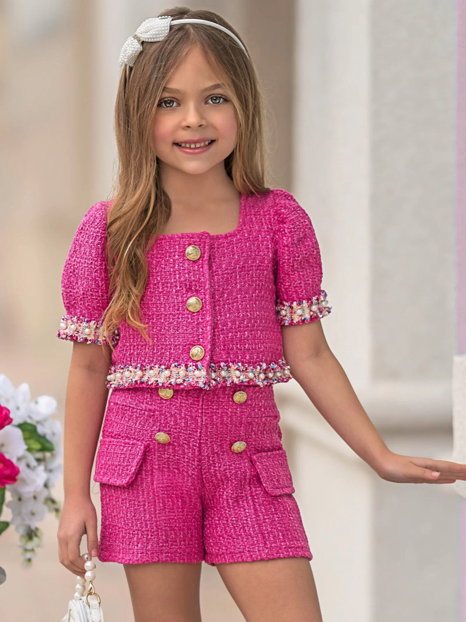 Image of Pint-Sized CEO Puff Sleeve Tweed Top and Short Set