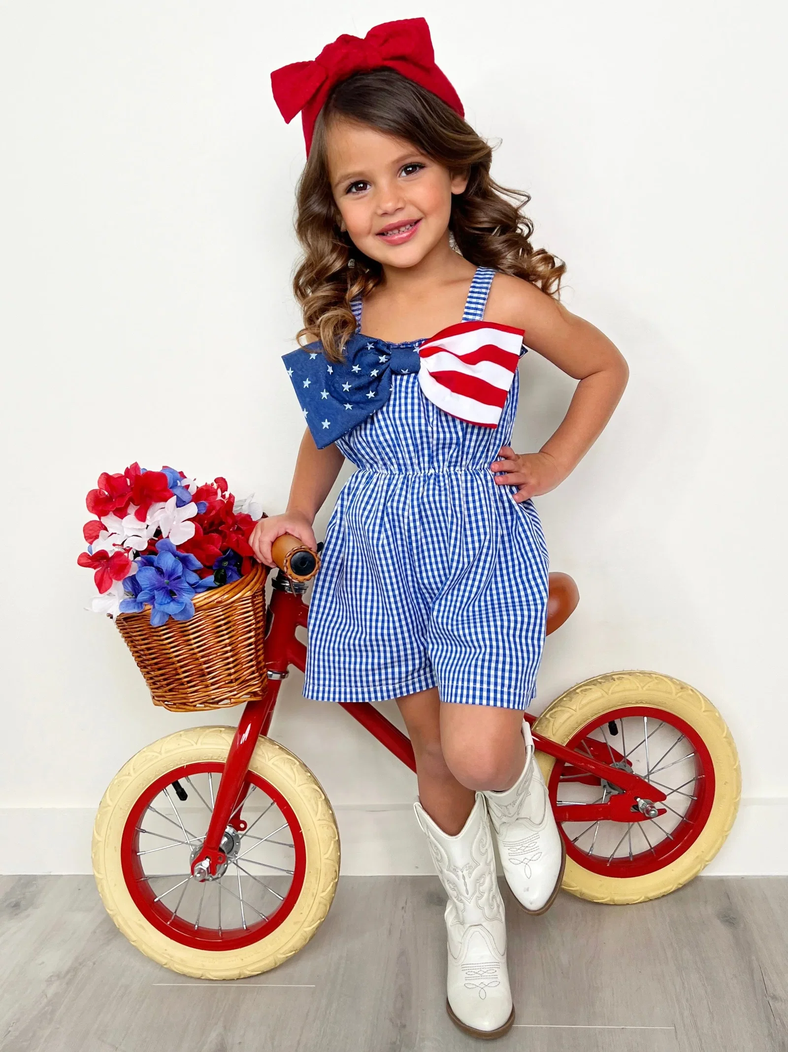 Image of Blue Belle Americana Bow Gingham Romper