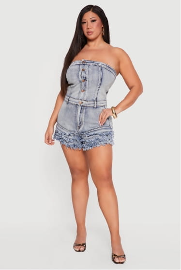 Shop Plus Size Denim Strapless Romper with Tiered Frayed Hem