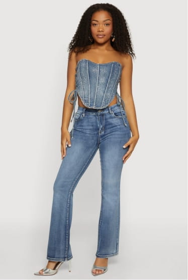 Shop Rhinestone Denim Side Lace Up Corset Crop Top