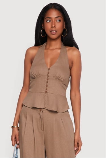 Shop Tie Back Halter Neck Button Front Peplum Top