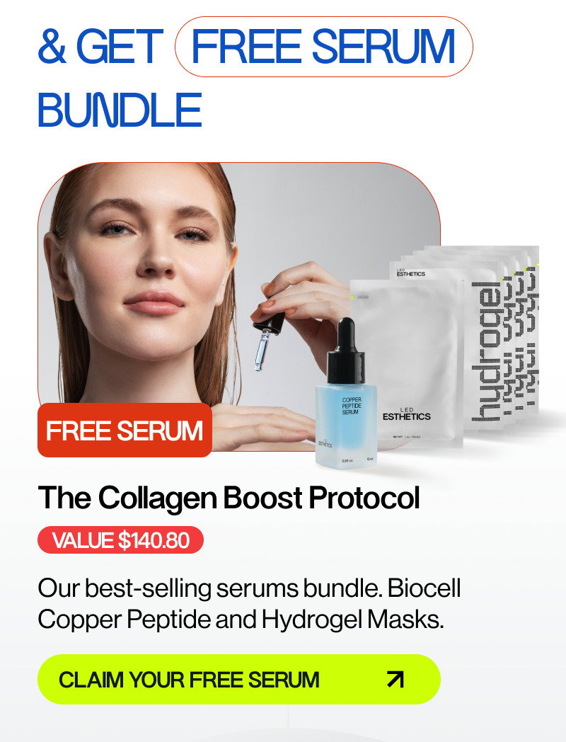 women holding blue bottle serum, text and green button