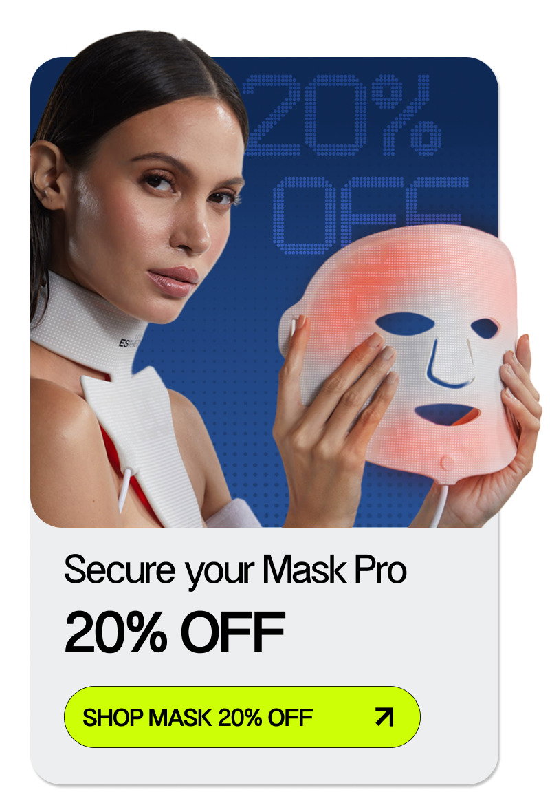 women holding mask pro, text and green button