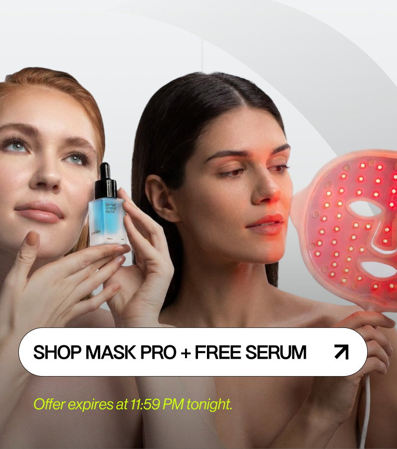 two women, one holding a mask and another one a bottle of serum