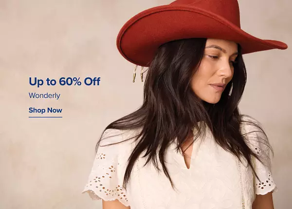 A woman in a red hat. Up to 60% off Wonderly. Shop now.