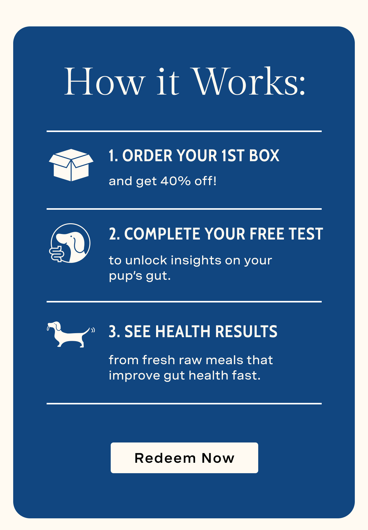 How it Works: 1. Order Your 1st Box with 40% Off; 2. Complete Your Free Test; 3. See Health REsults