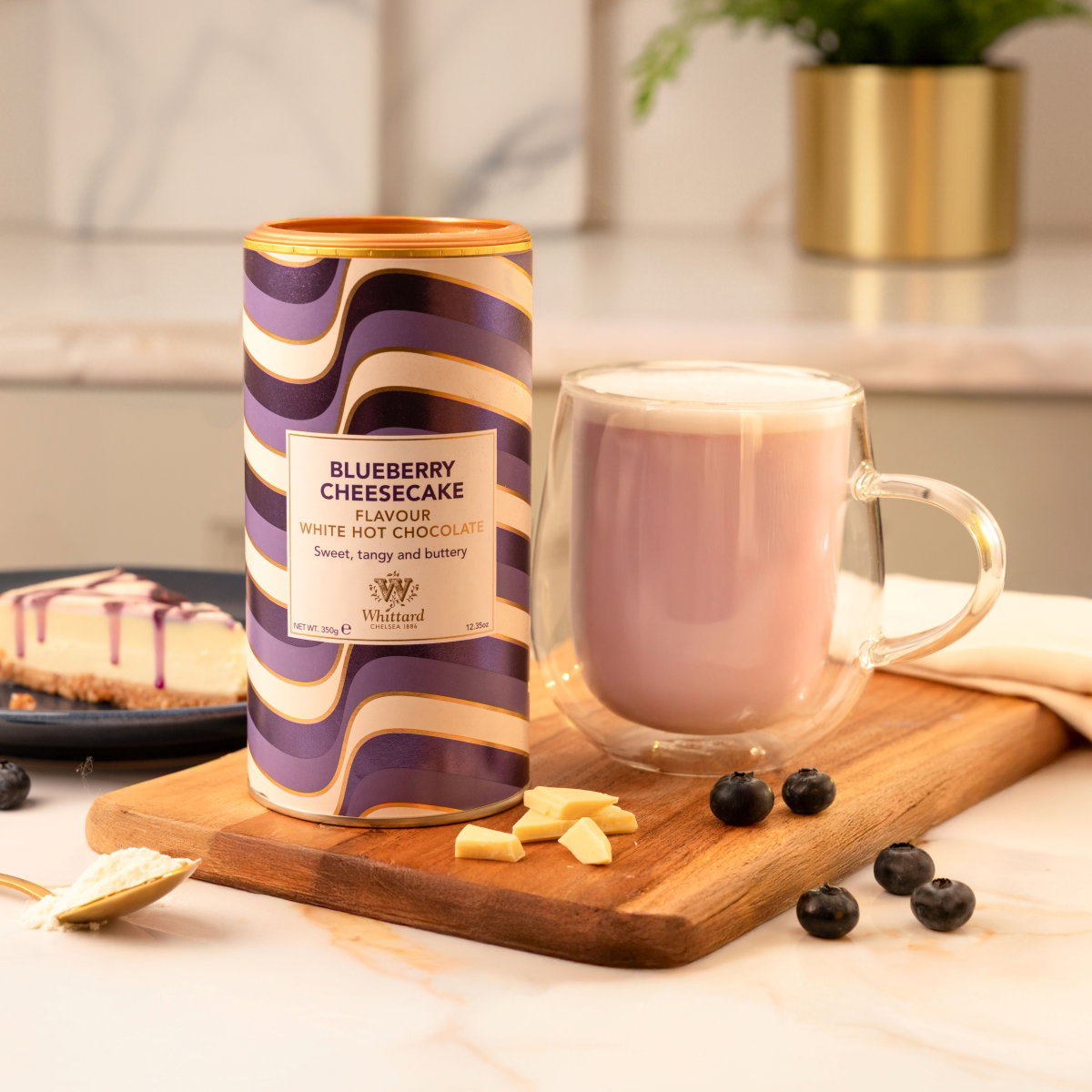 image of blueberry cheesecake hot chocolate tub with made up drink