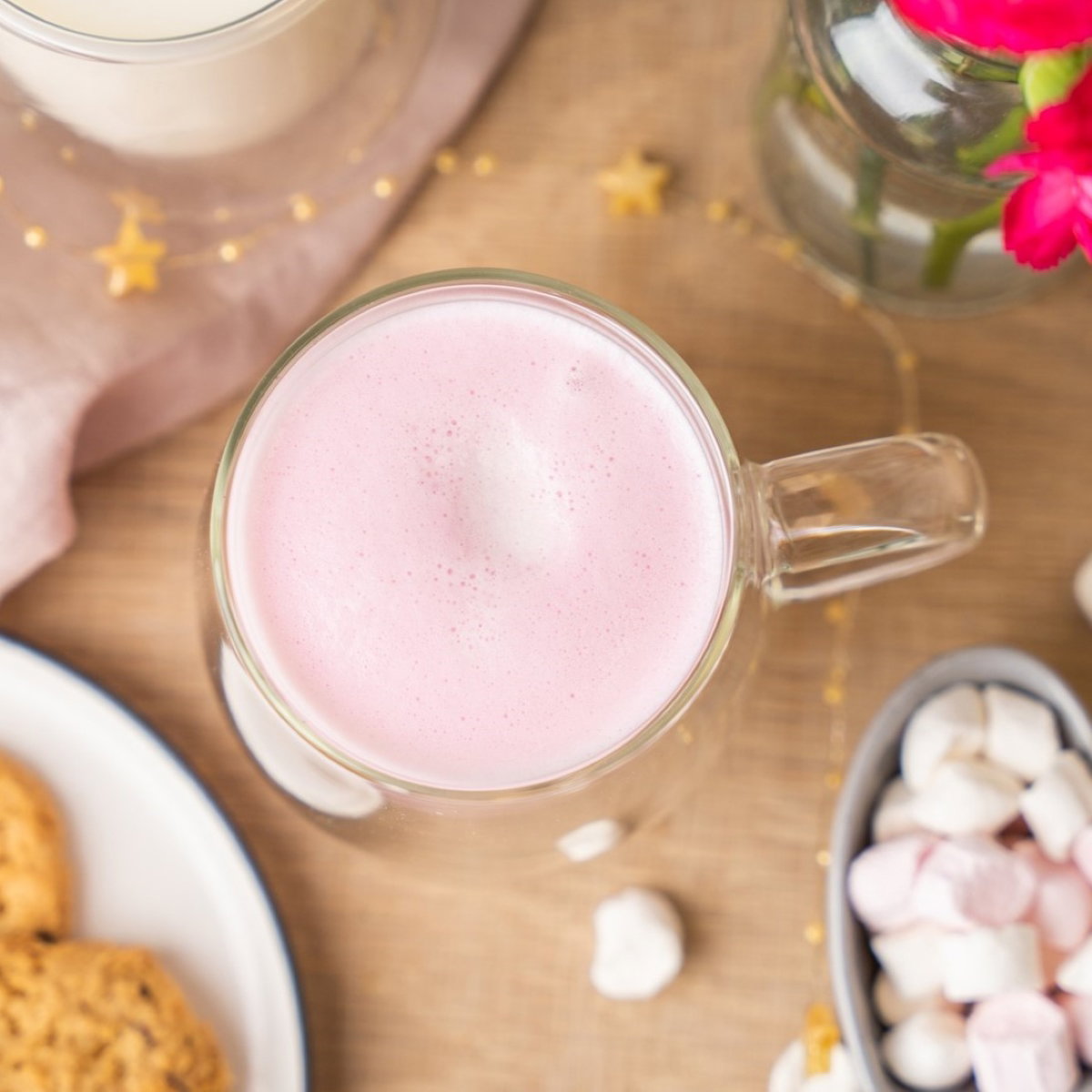 image of raspberry ripple hot chocolate as a milkshake with marshmallows and cookies surrounding