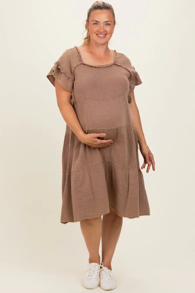 Image of Mahogany Washed Double Gauze Tiered Maternity Plus Dress
